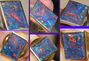 Vintage 1940's LARGE BRIGHT RAINBOW RARE Black Natural Opal 10k Solid Yellow Gold Men's Ring