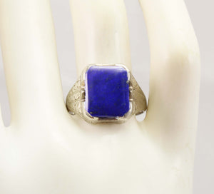 Antique 1920's Art Deco Natural Lapis Hand Engraved & Milgrained 14k Solid White Gold Men's Ring