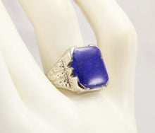 Load image into Gallery viewer, Antique 1920&#39;s Art Deco Natural Lapis Hand Engraved &amp; Milgrained 14k Solid White Gold Men&#39;s Ring