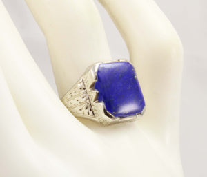 Antique 1920's Art Deco Natural Lapis Hand Engraved & Milgrained 14k Solid White Gold Men's Ring