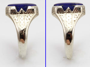 Antique 1920's Art Deco Natural Lapis Hand Engraved & Milgrained 14k Solid White Gold Men's Ring