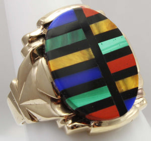 Antique Art Deco Lapis Malachite Tiger's Eye Jasper & Onyx RARE Inlay 10k Solid Gold Men's Ring