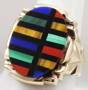 Antique Art Deco Lapis Malachite Tiger's Eye Jasper & Onyx RARE Inlay 10k Solid Gold Men's Ring