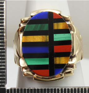 Antique Art Deco Lapis Malachite Tiger's Eye Jasper & Onyx RARE Inlay 10k Solid Gold Men's Ring