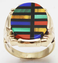 Load image into Gallery viewer, Antique Art Deco Lapis Malachite Tiger&#39;s Eye Jasper &amp; Onyx RARE Inlay 10k Solid Gold Men&#39;s Ring