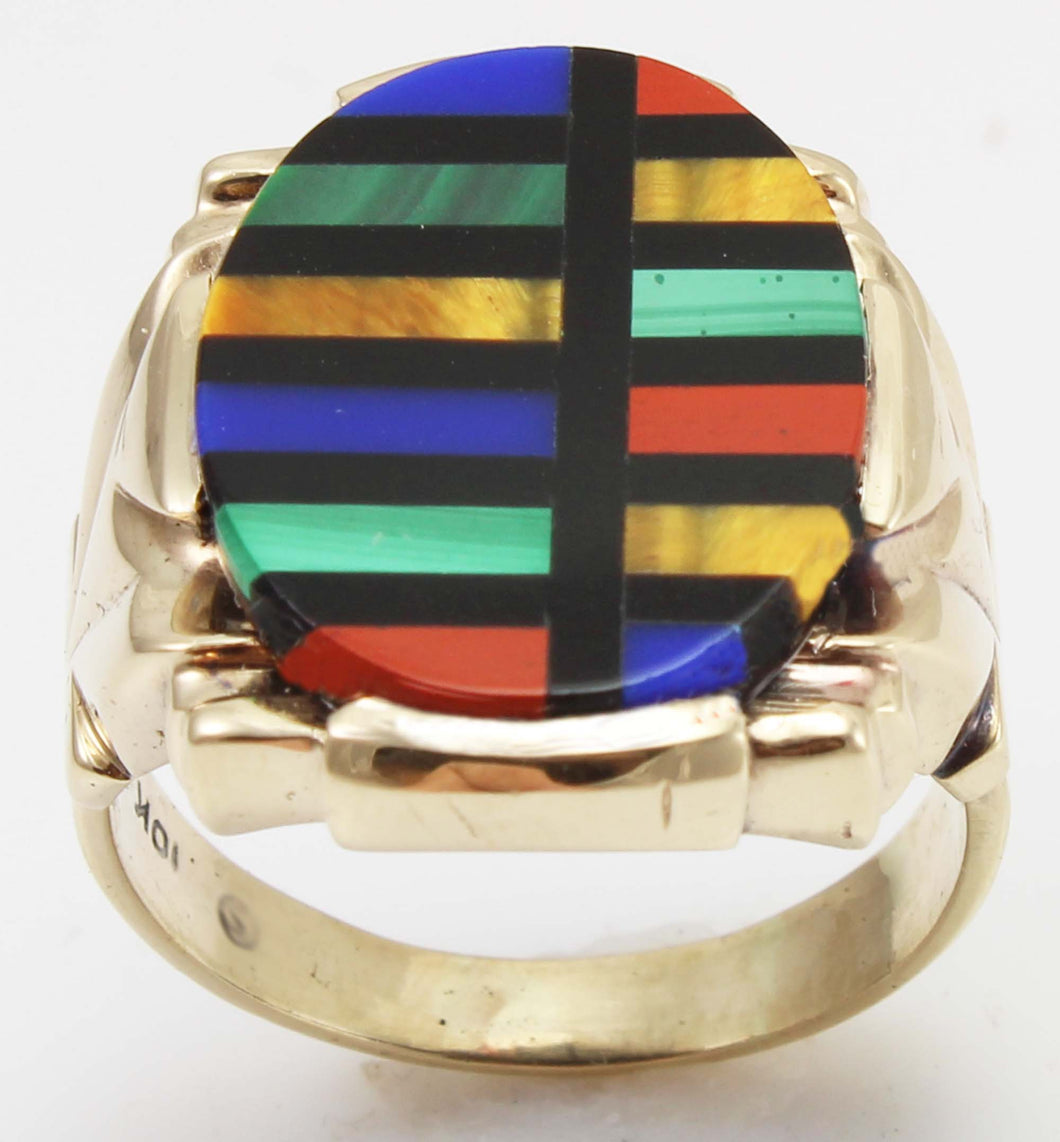 Antique Art Deco Lapis Malachite Tiger's Eye Jasper & Onyx RARE Inlay 10k Solid Gold Men's Ring