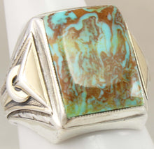 Load image into Gallery viewer, Antique Art Deco Ostby &amp; Barton RARE COLLAPSED MATRIX Kingman Turquoise Silver &amp; 14k Gold Men&#39;s Ring