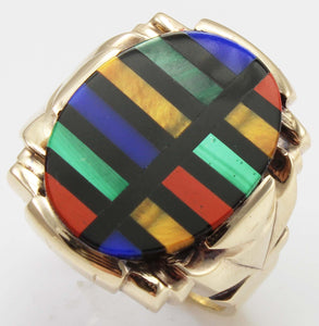 Antique Art Deco Lapis Malachite Tiger's Eye Jasper & Onyx RARE Inlay 10k Solid Gold Men's Ring