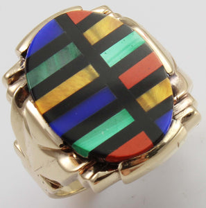 Antique Art Deco Lapis Malachite Tiger's Eye Jasper & Onyx RARE Inlay 10k Solid Gold Men's Ring