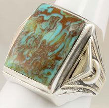 Load image into Gallery viewer, Antique Art Deco Ostby &amp; Barton RARE COLLAPSED MATRIX Kingman Turquoise Silver &amp; 14k Gold Men&#39;s Ring