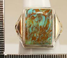 Load image into Gallery viewer, Antique Art Deco Ostby &amp; Barton RARE COLLAPSED MATRIX Kingman Turquoise Silver &amp; 14k Gold Men&#39;s Ring