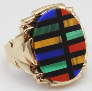 Antique Art Deco Lapis Malachite Tiger's Eye Jasper & Onyx RARE Inlay 10k Solid Gold Men's Ring