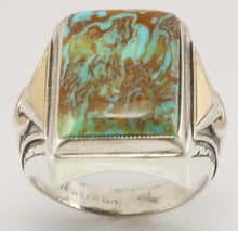 Load image into Gallery viewer, Antique Art Deco Ostby &amp; Barton RARE COLLAPSED MATRIX Kingman Turquoise Silver &amp; 14k Gold Men&#39;s Ring