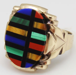 Antique Art Deco Lapis Malachite Tiger's Eye Jasper & Onyx RARE Inlay 10k Solid Gold Men's Ring