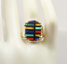 Load image into Gallery viewer, Antique Art Deco Lapis Malachite Tiger&#39;s Eye Jasper &amp; Onyx RARE Inlay 10k Solid Gold Men&#39;s Ring