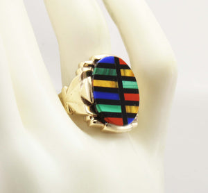 Antique Art Deco Lapis Malachite Tiger's Eye Jasper & Onyx RARE Inlay 10k Solid Gold Men's Ring