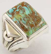 Load image into Gallery viewer, Antique Art Deco Ostby &amp; Barton RARE COLLAPSED MATRIX Kingman Turquoise Silver &amp; 14k Gold Men&#39;s Ring