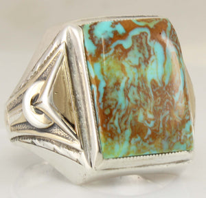 Antique Art Deco Ostby & Barton RARE COLLAPSED MATRIX Kingman Turquoise Silver & 14k Gold Men's Ring