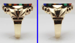 Antique Art Deco Lapis Malachite Tiger's Eye Jasper & Onyx RARE Inlay 10k Solid Gold Men's Ring