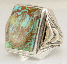 Load image into Gallery viewer, Antique Art Deco Ostby &amp; Barton RARE COLLAPSED MATRIX Kingman Turquoise Silver &amp; 14k Gold Men&#39;s Ring