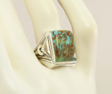 Load image into Gallery viewer, Antique Art Deco Ostby &amp; Barton RARE COLLAPSED MATRIX Kingman Turquoise Silver &amp; 14k Gold Men&#39;s Ring