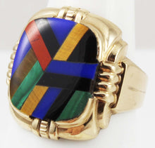 Load image into Gallery viewer, Antique Ostby &amp; Barton Deco Lapis Malachite Tiger&#39;s Eye Jasper Onyx Inlay 10k Solid Gold Men&#39;s Ring