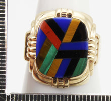 Load image into Gallery viewer, Antique Ostby &amp; Barton Deco Lapis Malachite Tiger&#39;s Eye Jasper Onyx Inlay 10k Solid Gold Men&#39;s Ring