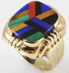 Antique Ostby & Barton Deco Lapis Malachite Tiger's Eye Jasper Onyx Inlay 10k Solid Gold Men's Ring