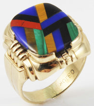 Load image into Gallery viewer, Antique Ostby &amp; Barton Deco Lapis Malachite Tiger&#39;s Eye Jasper Onyx Inlay 10k Solid Gold Men&#39;s Ring