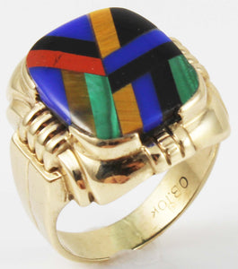 Antique Ostby & Barton Deco Lapis Malachite Tiger's Eye Jasper Onyx Inlay 10k Solid Gold Men's Ring