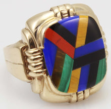 Load image into Gallery viewer, Antique Ostby &amp; Barton Deco Lapis Malachite Tiger&#39;s Eye Jasper Onyx Inlay 10k Solid Gold Men&#39;s Ring