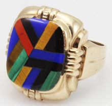 Load image into Gallery viewer, Antique Ostby &amp; Barton Deco Lapis Malachite Tiger&#39;s Eye Jasper Onyx Inlay 10k Solid Gold Men&#39;s Ring