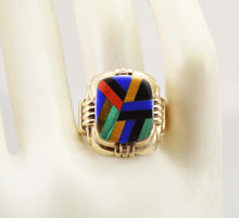 Load image into Gallery viewer, Antique Ostby &amp; Barton Deco Lapis Malachite Tiger&#39;s Eye Jasper Onyx Inlay 10k Solid Gold Men&#39;s Ring