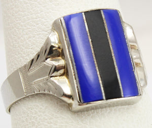 Antique 1920's Art Deco RARE Natural Lapis & Onyx Intarsia Inlay 10k Solid White Gold Ring