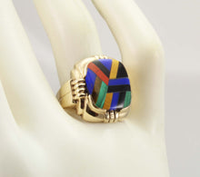 Load image into Gallery viewer, Antique Ostby &amp; Barton Deco Lapis Malachite Tiger&#39;s Eye Jasper Onyx Inlay 10k Solid Gold Men&#39;s Ring