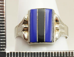 Antique 1920's Art Deco RARE Natural Lapis & Onyx Intarsia Inlay 10k Solid White Gold Ring