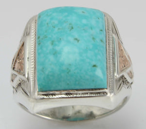 Antique Art Deco RARE Kingman Mine Birdseye Water Web Turquoise Silver & 10k Rose Gold Men's Ring