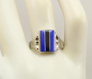 Antique 1920's Art Deco RARE Natural Lapis & Onyx Intarsia Inlay 10k Solid White Gold Ring