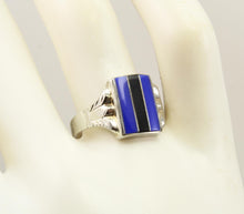 Load image into Gallery viewer, Antique 1920&#39;s Art Deco RARE Natural Lapis &amp; Onyx Intarsia Inlay 10k Solid White Gold Ring