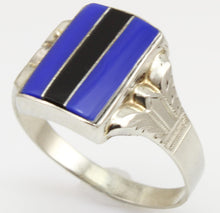 Load image into Gallery viewer, Antique 1920&#39;s Art Deco RARE Natural Lapis &amp; Onyx Intarsia Inlay 10k Solid White Gold Ring