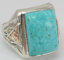 Load image into Gallery viewer, Antique Art Deco RARE Kingman Mine Birdseye Water Web Turquoise Silver &amp; 10k Rose Gold Men&#39;s Ring