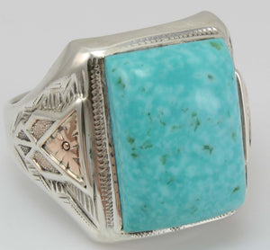 Antique Art Deco RARE Kingman Mine Birdseye Water Web Turquoise Silver & 10k Rose Gold Men's Ring