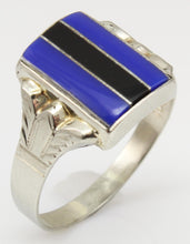 Load image into Gallery viewer, Antique 1920&#39;s Art Deco RARE Natural Lapis &amp; Onyx Intarsia Inlay 10k Solid White Gold Ring