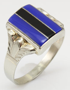 Antique 1920's Art Deco RARE Natural Lapis & Onyx Intarsia Inlay 10k Solid White Gold Ring