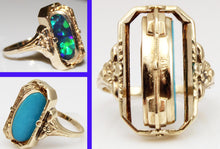 Load image into Gallery viewer, Antique 1920&#39;s Art Deco GREEN/BLUE Opal &amp; Persian Turquoise 10k Solid Gold Cocktail RARE Flip Ring