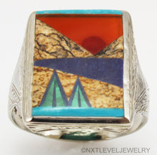 Load image into Gallery viewer, Antique 1920&#39;s Art Deco Turquoise Carnelian Lapis &amp; Malachite Inlay 10k Solid White Gold Men&#39;s Ring