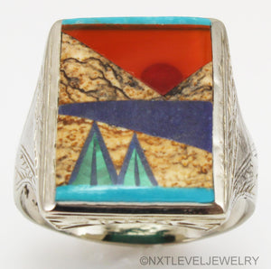 Antique 1920's Art Deco Turquoise Carnelian Lapis & Malachite Inlay 10k Solid White Gold Men's Ring