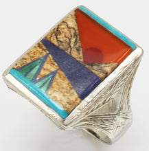 Load image into Gallery viewer, Antique 1920&#39;s Art Deco Turquoise Carnelian Lapis &amp; Malachite Inlay 10k Solid White Gold Men&#39;s Ring