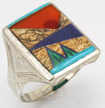 Load image into Gallery viewer, Antique 1920&#39;s Art Deco Turquoise Carnelian Lapis &amp; Malachite Inlay 10k Solid White Gold Men&#39;s Ring