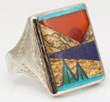 Load image into Gallery viewer, Antique 1920&#39;s Art Deco Turquoise Carnelian Lapis &amp; Malachite Inlay 10k Solid White Gold Men&#39;s Ring